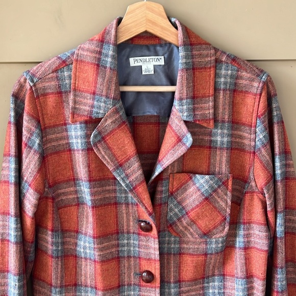 Pendleton Vintage Sz L Petite Wool Plaid Light Weight Cardigan Blazer Fall Tones - Picture 2 of 14